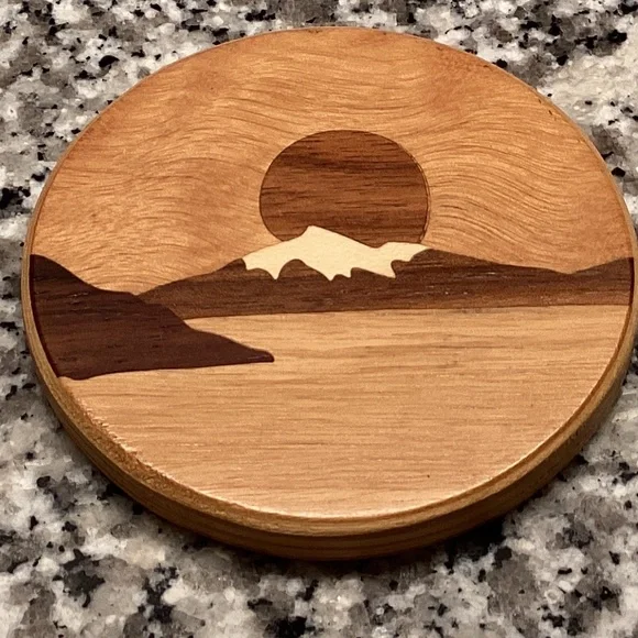 Wood Inlaid 4 Coasters Sailboat and Mountain Sunset - Picture 7 of 7